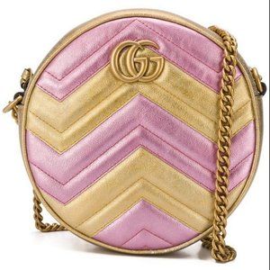 Authentic NEW Gucci Round crossbody bag, Matelasse GG Marmont Shoulder Gold Pink